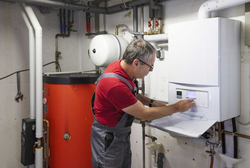 Heizungsmonteur überprüft die Heizungsanlage im Keller eines Wohnhauses.